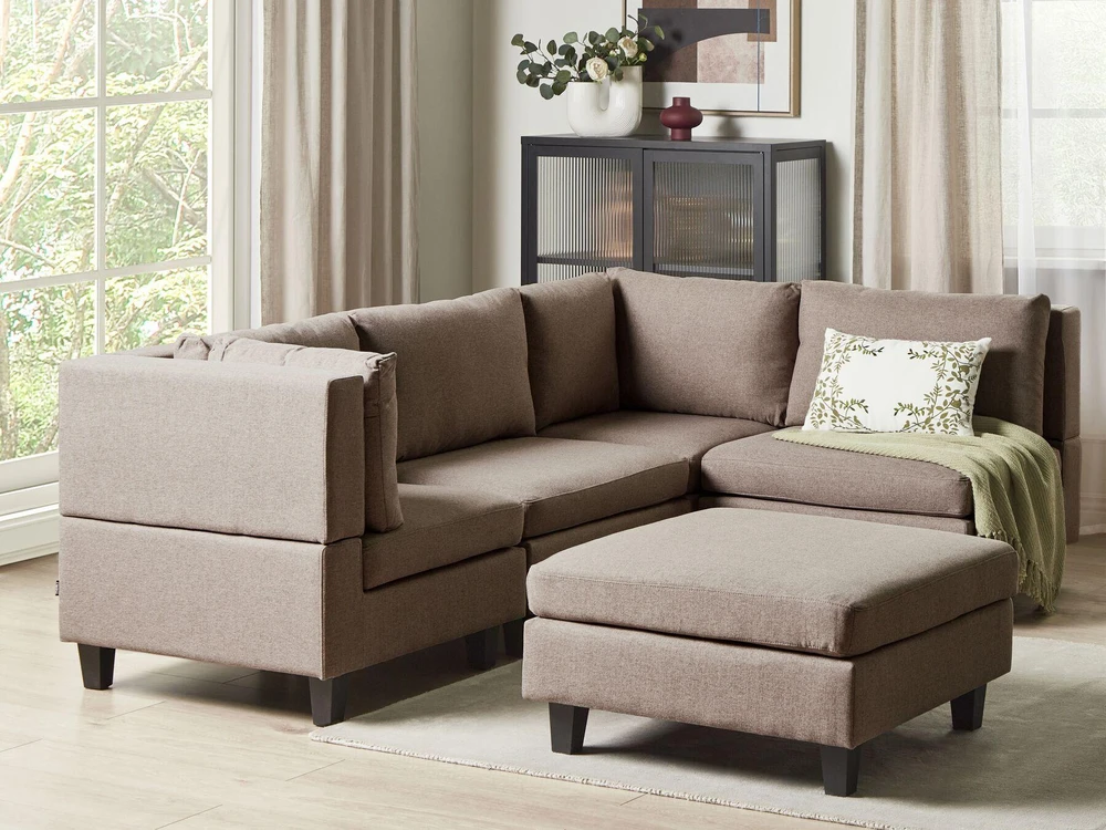 Beliani Modulinė 4 vietų sofa UNSTAD kairinė ruda su pufu
