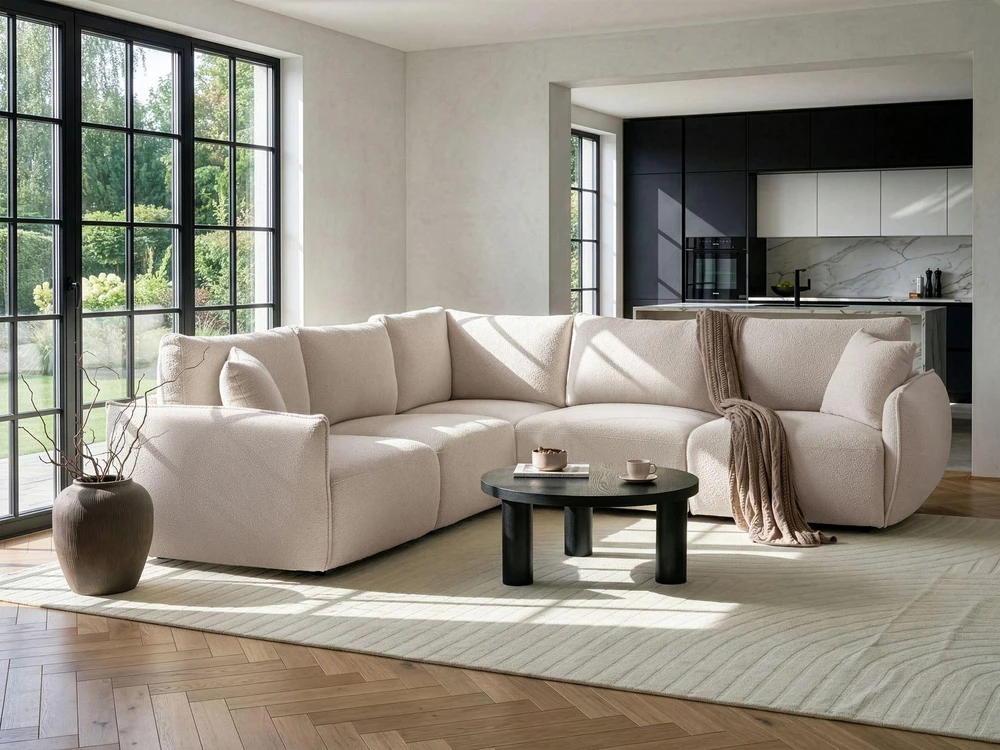 Beliani Modulinė 5 vietų kampinė sofa MESNALI, buklė, balkšva, dešininė