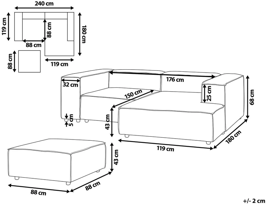Beliani Modulinė kampinė sofa 2 asmenims ARDAL su otomane, velvetas, smėlio ir pilkšva, kairinė