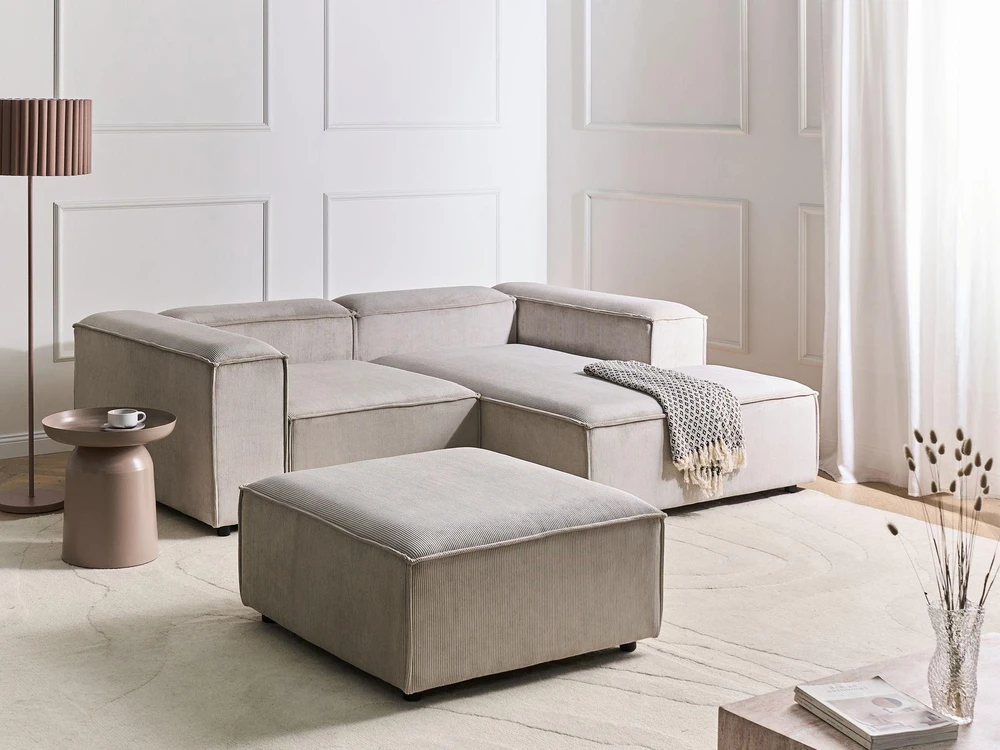Beliani Modulinė kampinė sofa 2 asmenims ARDAL su otomane, velvetas, smėlio ir pilkšva, kairinė