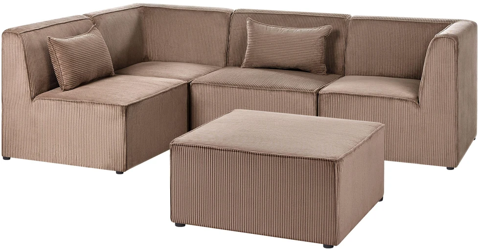 Beliani Modulinė kampinė sofa 4 asmenims LEMVIG, dešininė, smėlio spalvos velveto, su otomane