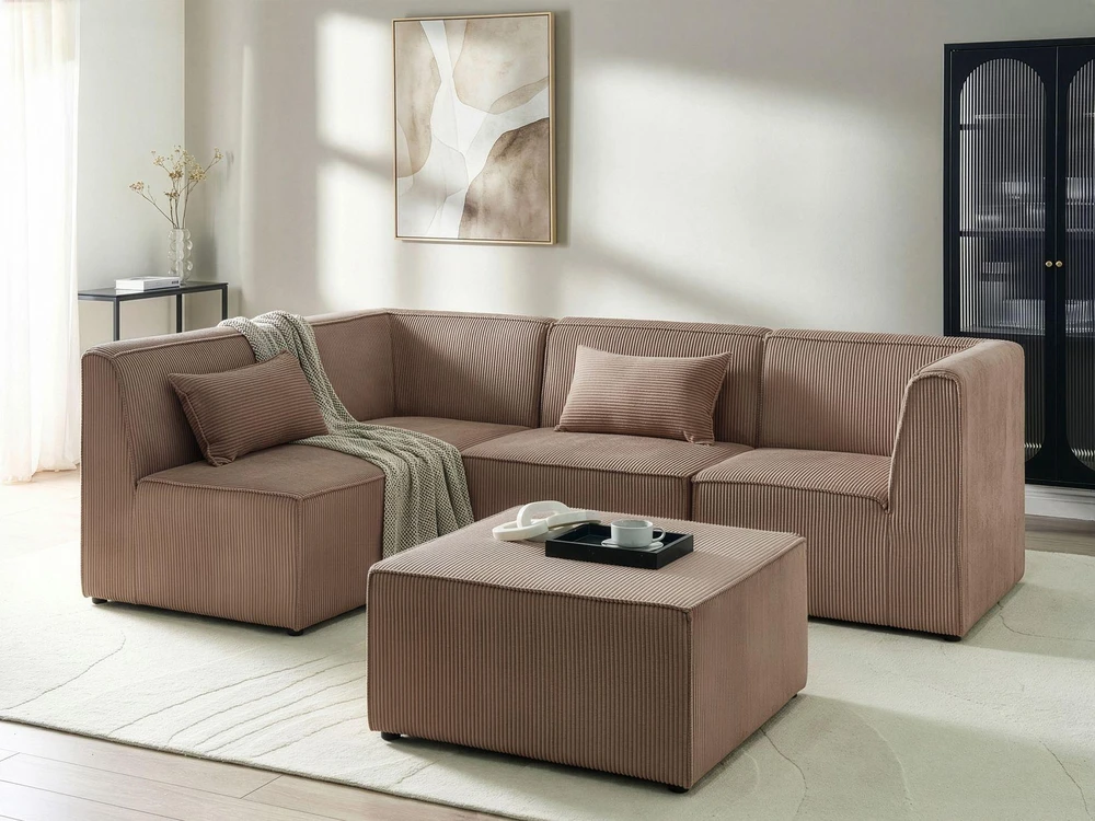Beliani Modulinė kampinė sofa 4 asmenims LEMVIG, dešininė, smėlio spalvos velveto, su otomane