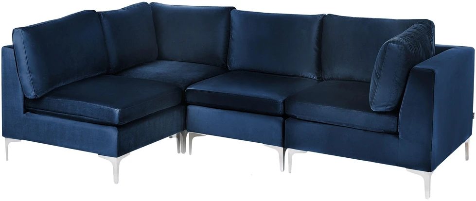 Beliani Modulinė kampinė sofa 4 asmenims EVJA, veliūrinė, tamsiai mėlyna, dešininė
