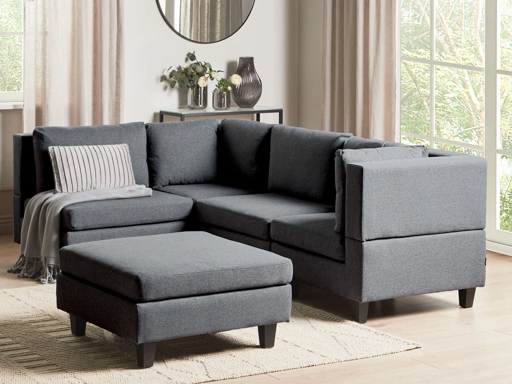 Beliani Modulinė kampinė sofa 4 asmenims UNSTAD dešininė tamsiai pilka su otomanu