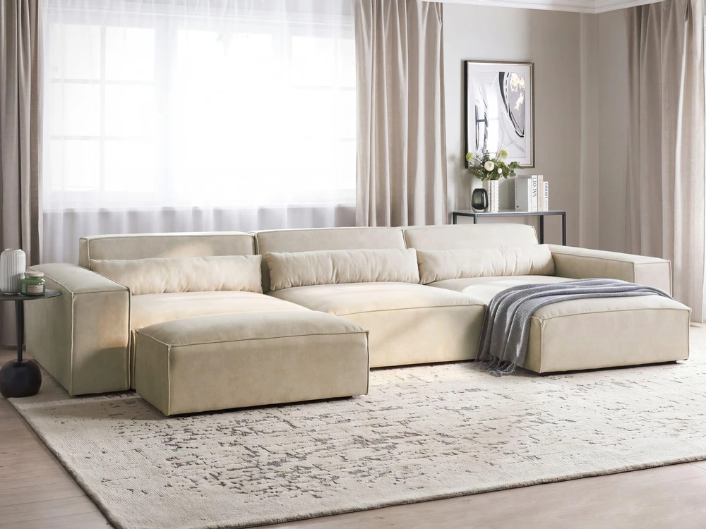 Beliani Modulinė kampinė sofa 4 asmenims HELLNAR su otomane, veliūrinė, šviesiai smėlio spalvos, kairinė
