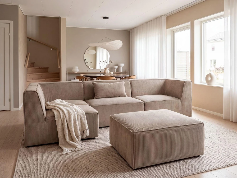 Beliani Modulinė kampinė sofa 4 asmenims LEMVIG, dešininė, smėlio spalvos velveto, su otomane