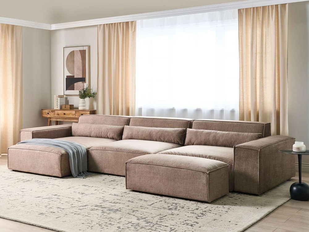 Beliani Modulinė kampinė sofa 4 asmenims „HELLNAR“ su otomana, šviesiai ruda, dešininė
