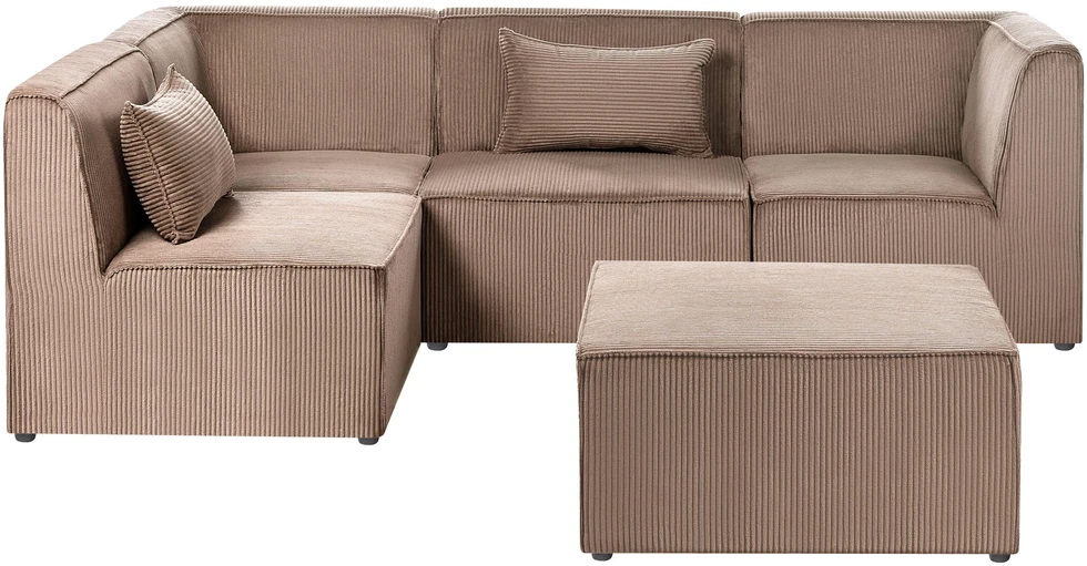 Beliani Modulinė kampinė sofa 4 asmenims LEMVIG, dešininė, smėlio spalvos velveto, su otomane