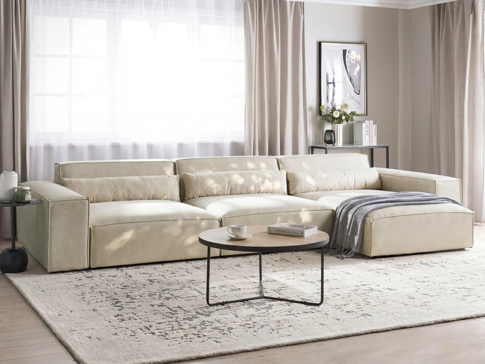Beliani Modulinė kampinė sofa 4 asmenims HELLNAR, veliūras, šviesiai smėlio spalvos, kairinė