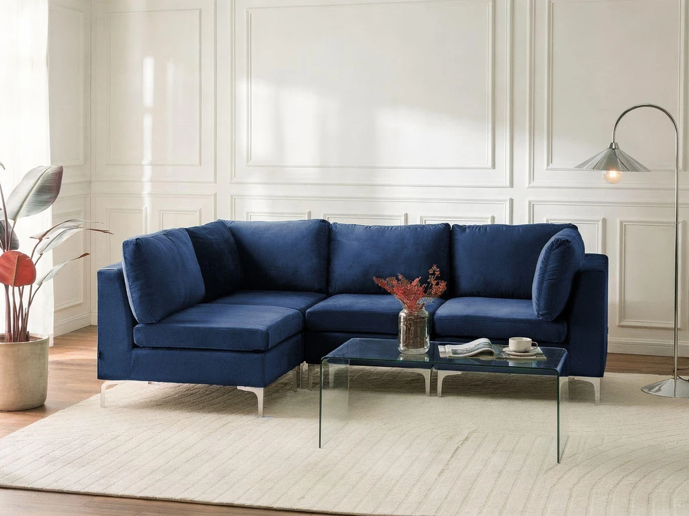 Beliani Modulinė kampinė sofa 4 asmenims EVJA, veliūrinė, tamsiai mėlyna, dešininė