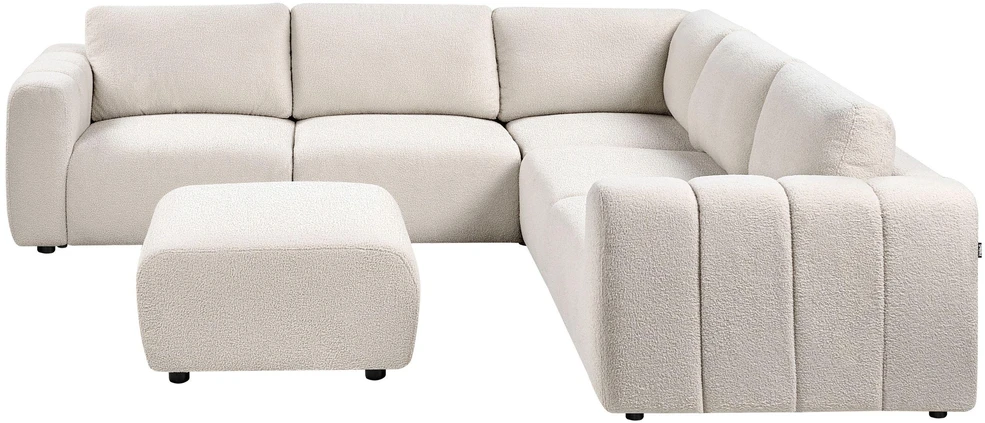 Beliani Modulinė kampinė sofa 5 asmenims „KIVVIK“ su pufu, „Bouclé“, balkšva, kairinė