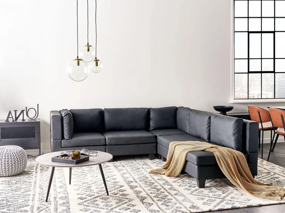 Beliani Modulinė kampinė sofa 5 asmenims UNSTAD kairinė, juoda, eko oda