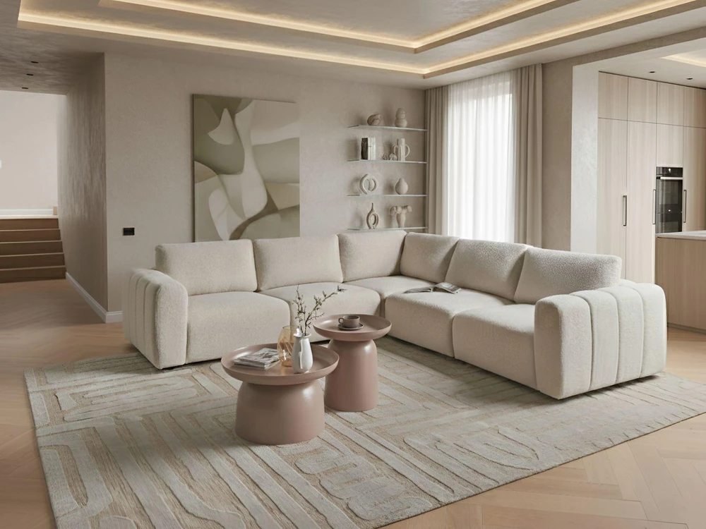 Beliani Modulinė kampinė sofa 5 asmenims „KIVVIK“ su pufu, „Bouclé“, balkšva, kairinė