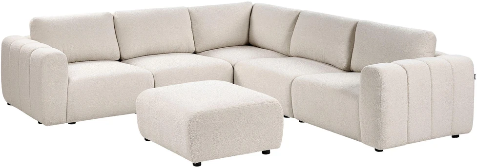 Beliani Modulinė kampinė sofa 5 asmenims „KIVVIK“ su pufu, „Bouclé“, balkšva, kairinė