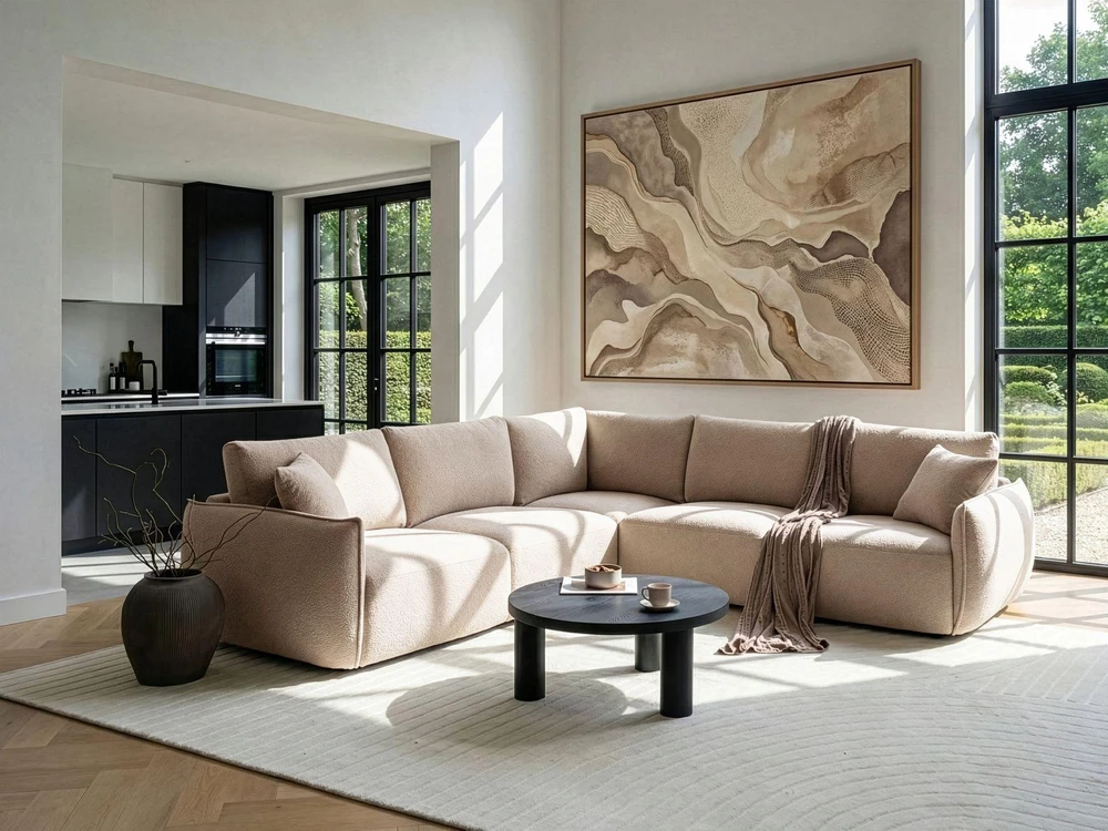 Beliani Modulinė kampinė sofa 5 asmenims MESNALI, buklė, smėlio spalvos, dešininė