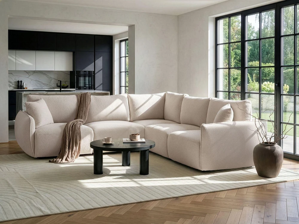 Beliani Modulinė kampinė sofa 5 asmenims MESNALI, buklė, balkšva, kairinė