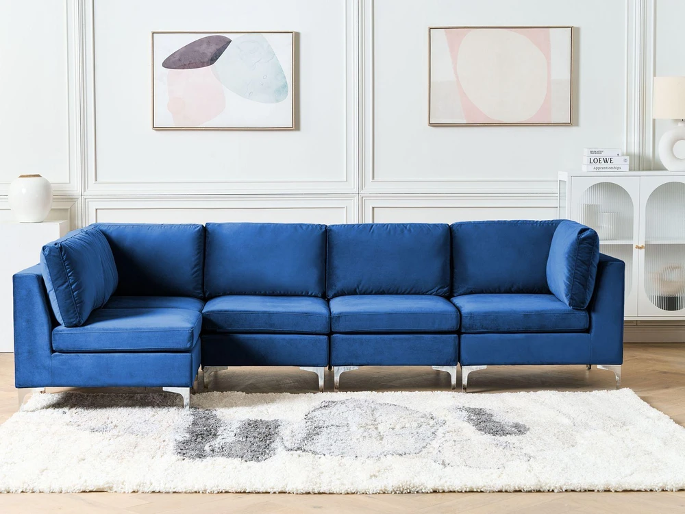 Beliani Modulinė kampinė sofa 5 asmenims EVJA, tamsiai mėlynas veliūras, dešininė