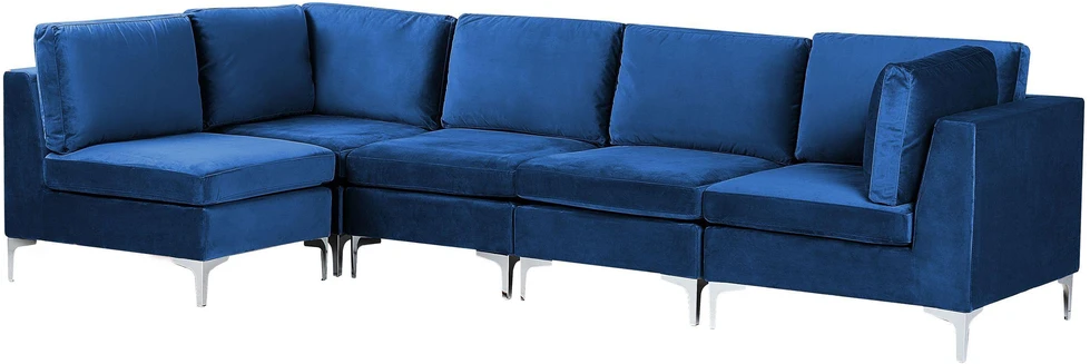 Beliani Modulinė kampinė sofa 5 asmenims EVJA, tamsiai mėlynas veliūras, dešininė