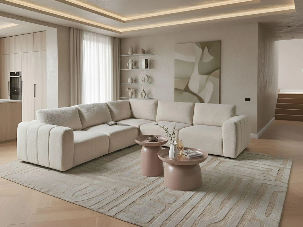 Beliani Modulinė kampinė sofa 5 asmenims KIVVIK, bouclé, kreminė balta, dešininė