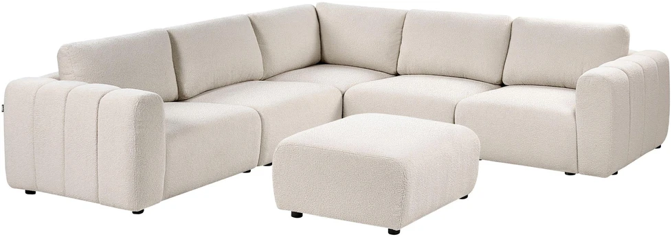 Beliani Modulinė kampinė sofa 5 žmonėms „KIVVIK“ su pufu, „Bouclé“, balkšva, dešininė