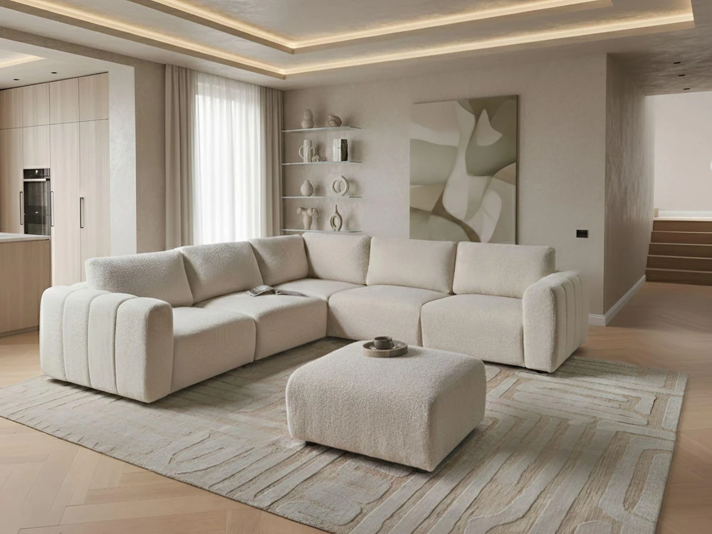 Beliani Modulinė kampinė sofa 5 žmonėms „KIVVIK“ su pufu, „Bouclé“, balkšva, dešininė