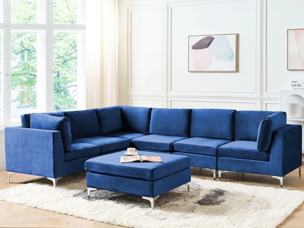 Beliani Modulinė kampinė sofa 6 vietų EVJA su otomana, tamsiai mėlynas veliūras, dešininė