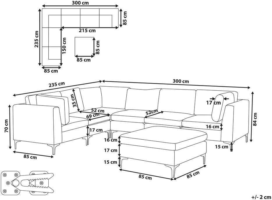 Beliani Modulinė kampinė sofa 6 vietų EVJA su otomana, tamsiai mėlynas veliūras, dešininė