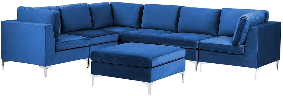 Beliani Modulinė kampinė sofa 6 vietų EVJA su otomana, tamsiai mėlynas veliūras, dešininė