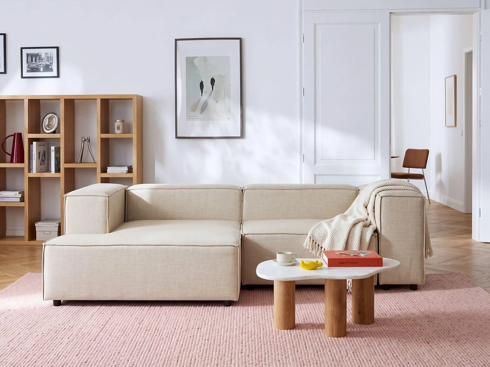 Beliani Modulinė kampinė sofa APRICA, sintetinis linas, smėlio spalvos, dešininė