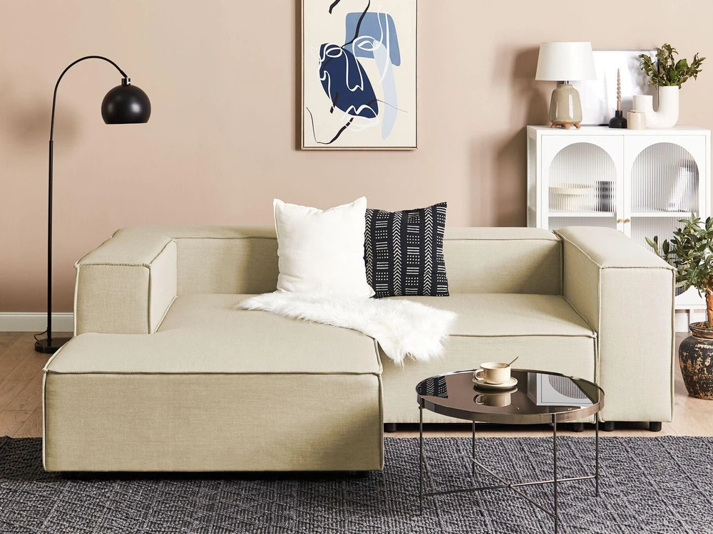 Beliani Modulinė kampinė sofa APRICA, sintetinis linas, smėlio spalvos, dešininė