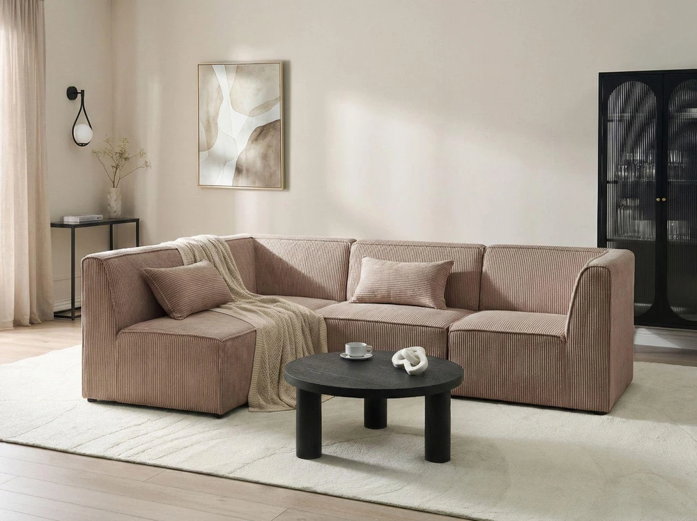 Beliani MODULINĖ KAMPUINĖ SOFA LEMVIG 4 VIETŲ, DEŠININĖ, SMĖLIO SPALVOS VAGOSTU