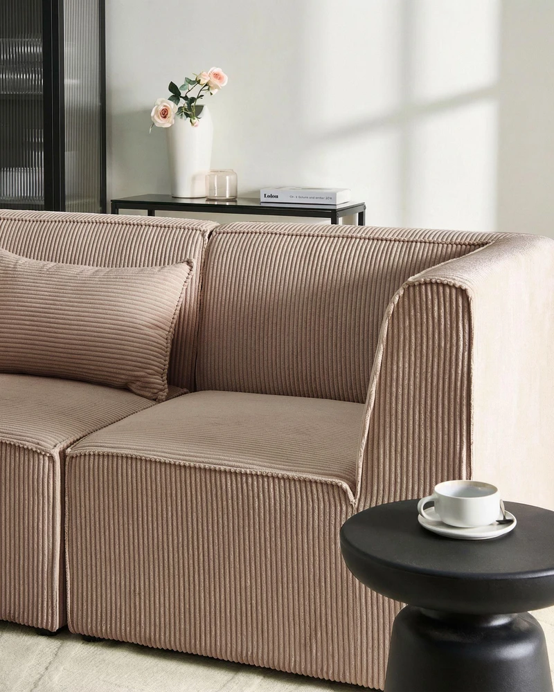 Beliani MODULINĖ KAMPUINĖ SOFA LEMVIG 4 VIETŲ, DEŠININĖ, SMĖLIO SPALVOS VAGOSTU