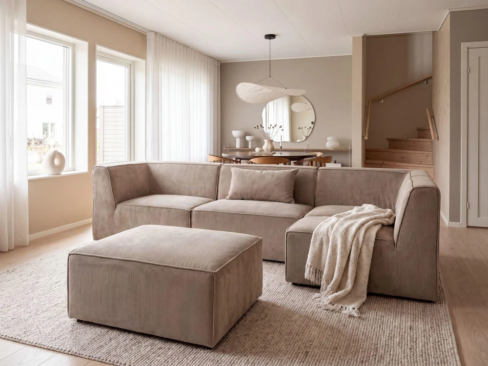 Beliani Modulinė sofa LEMVIG, kairinė, smėlio spalvos velveto audinys, su otomane
