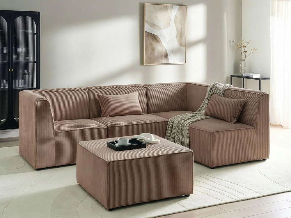 Beliani Modulinė sofa LEMVIG, kairinė, smėlio spalvos velveto audinys, su otomane