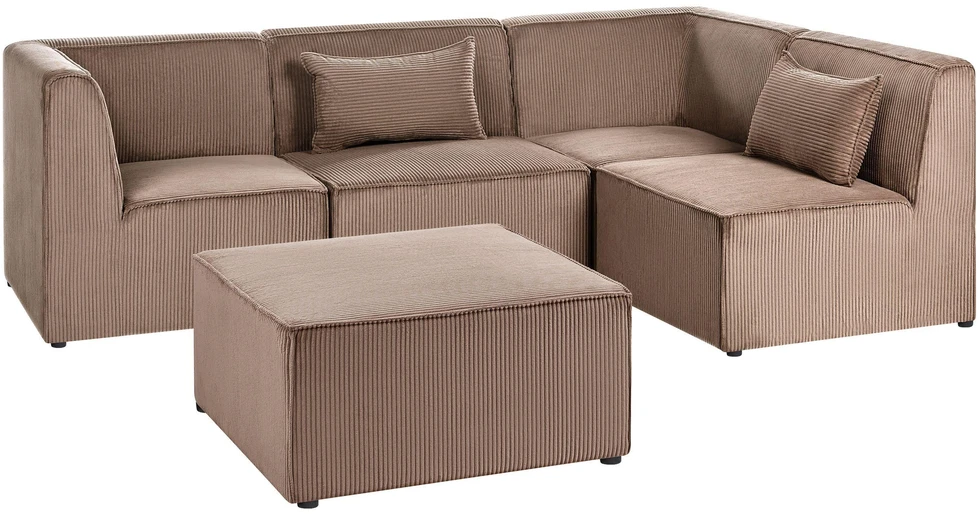Beliani Modulinė sofa LEMVIG, kairinė, smėlio spalvos velveto audinys, su otomane