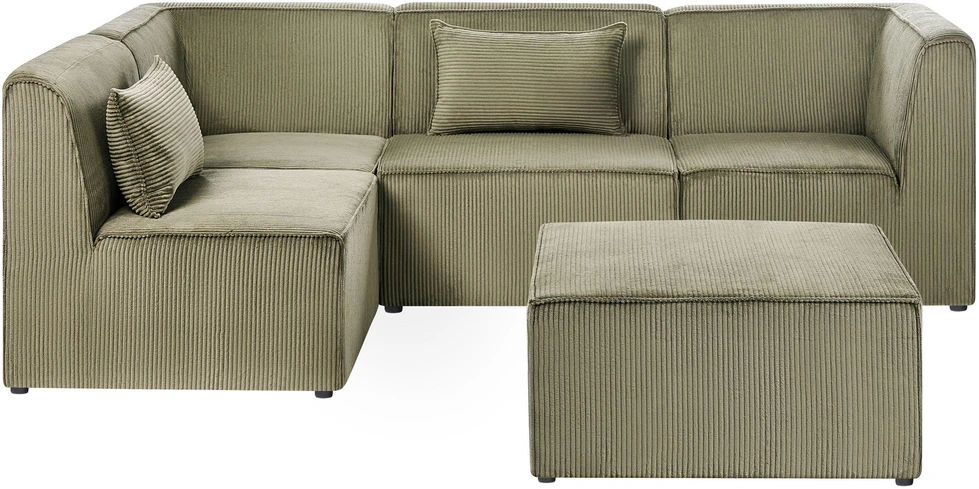 Beliani Modulinė sofa-lova 4 asmenims LEMVIG Dešininė Žalia velvetinė su pufu