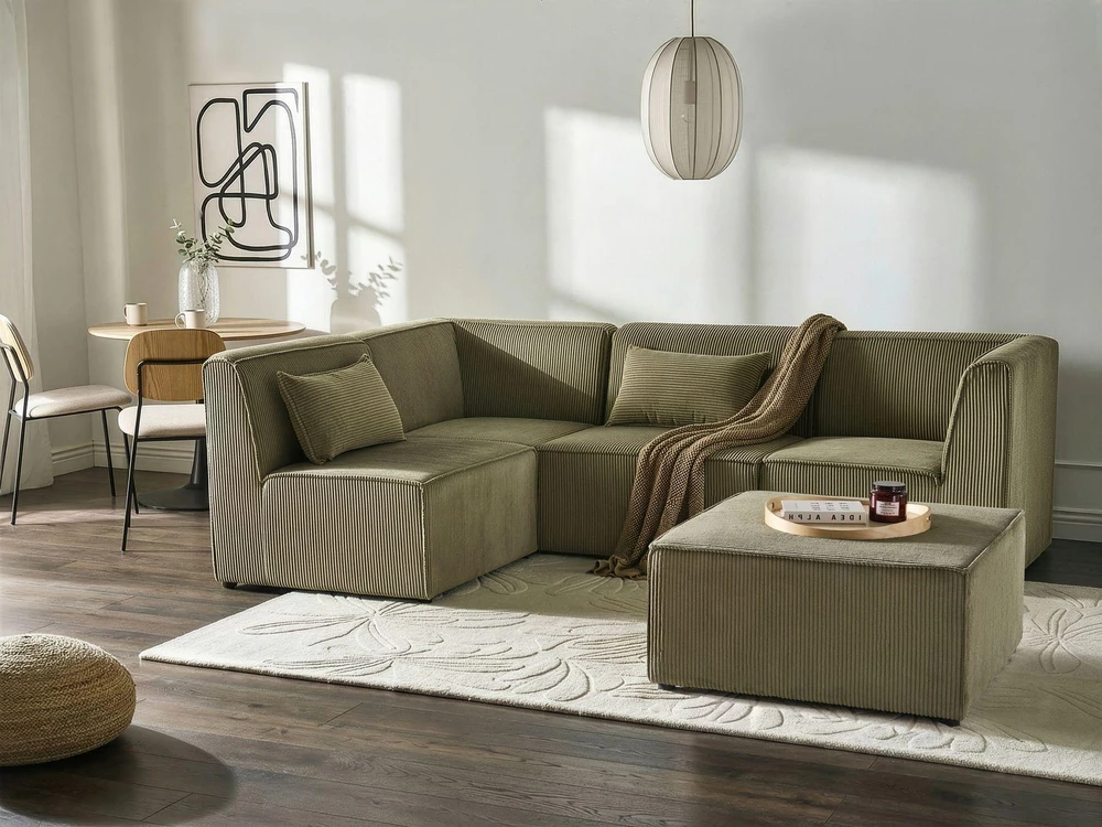 Beliani Modulinė sofa-lova 4 asmenims LEMVIG Dešininė Žalia velvetinė su pufu