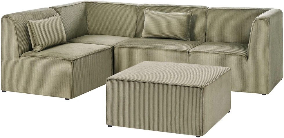 Beliani Modulinė sofa-lova 4 asmenims LEMVIG Dešininė Žalia velvetinė su pufu