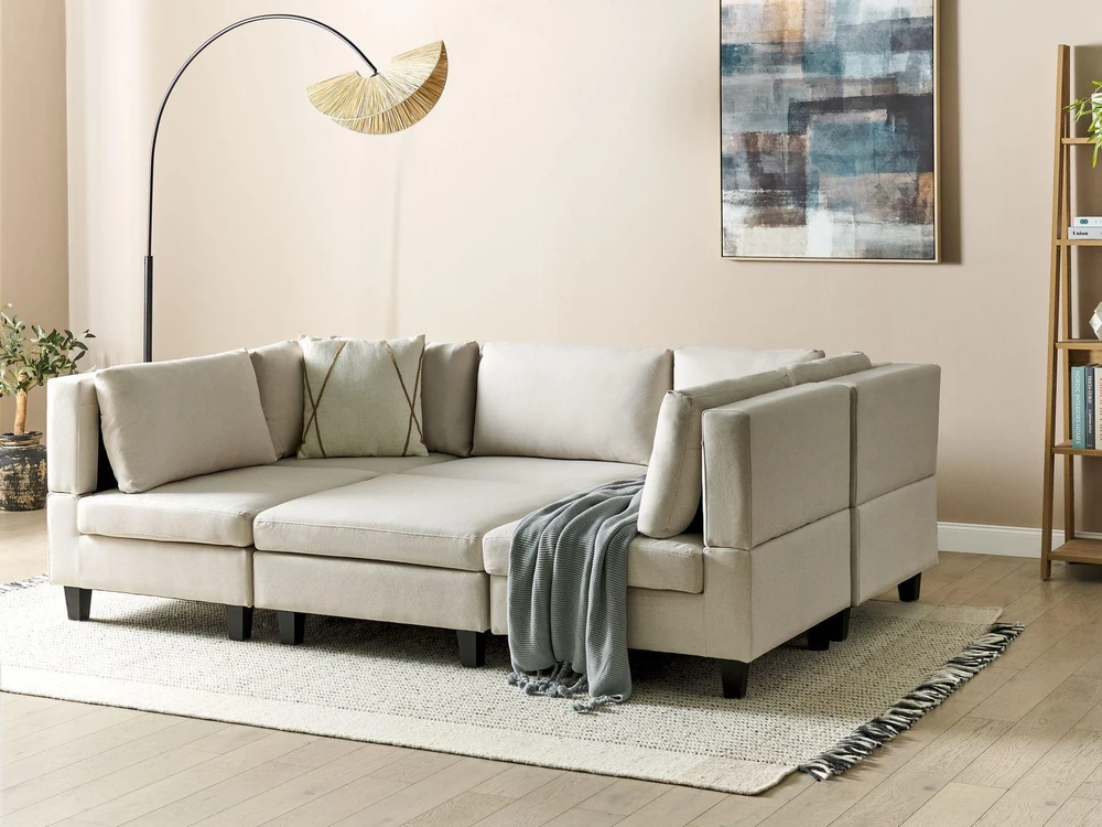 Beliani Modulinė U formos sofa 5 asmenims UNSTAD šviesiai smėlio spalvos su otomane