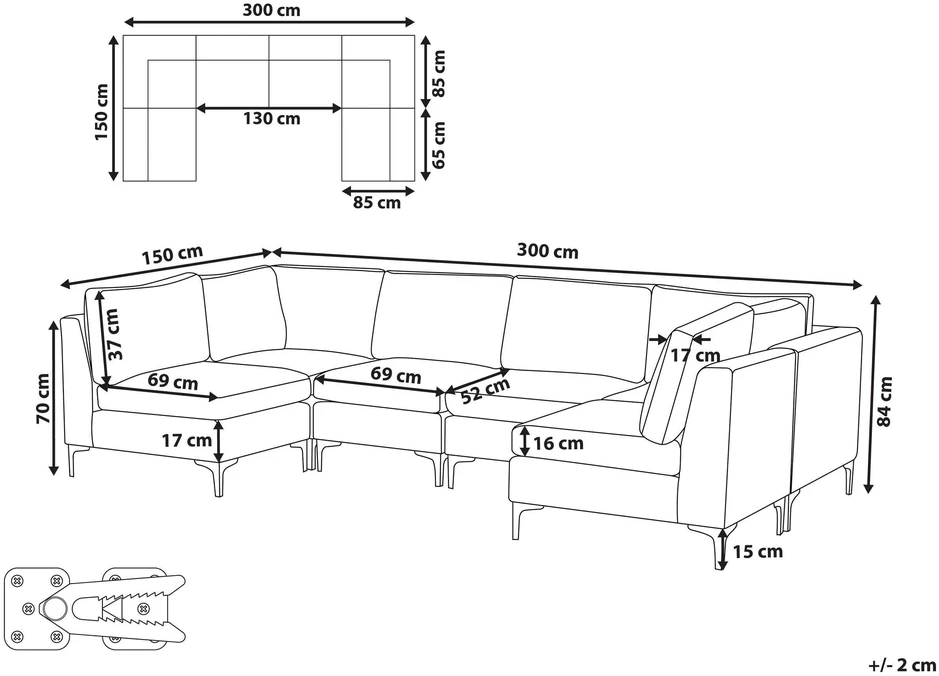Beliani Modulinė U formos sofa 6 asmenims EVJA pilko veliūro