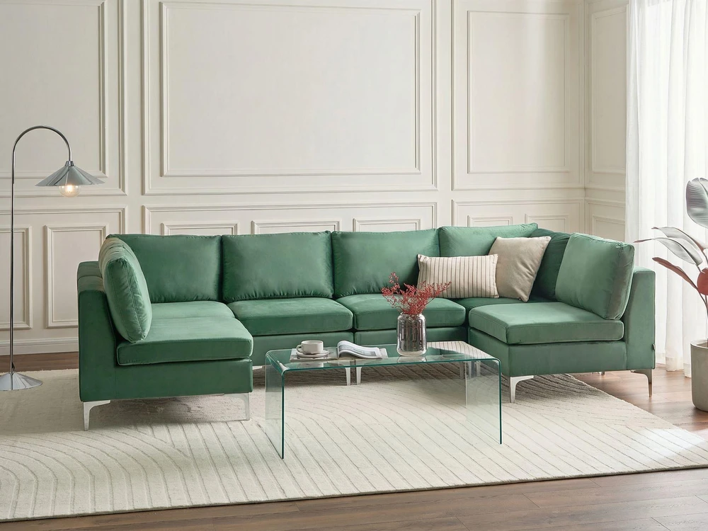 Beliani Modulinė U formos sofa 6 asmenims EVJA žalias veliūras