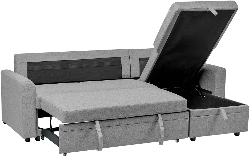 Beliani NASSJO išskleidžiama kampinė sofa 3 asmenims, sintetinio lino pilka kairioji