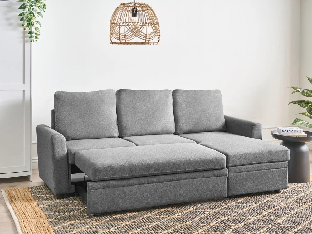 Beliani NASSJO išskleidžiama kampinė sofa 3 asmenims, sintetinio lino pilka kairioji