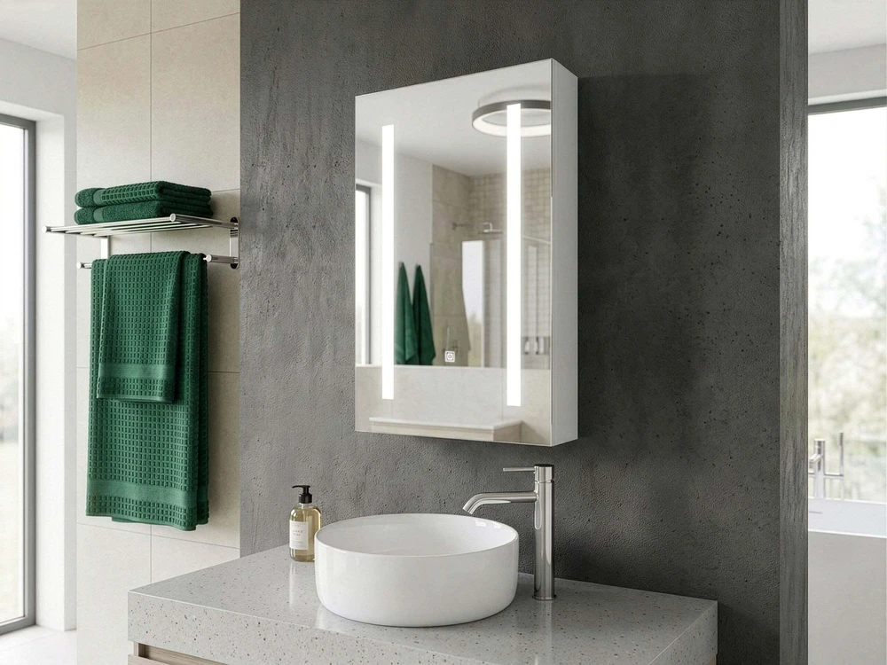 Beliani Pakabinama vonios kambario spintelė su LED veidrodžiu CAMERON 40 cm 60 cm Balta