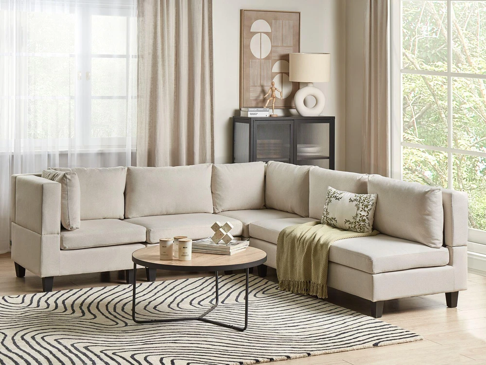 Beliani Penkių vietų modulinė kampinė sofa UNSTAD Dešininė Šviesiai smėlio spalvos