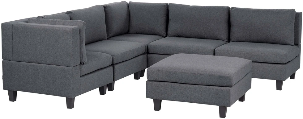 Beliani Penkių vietų modulinė sofa UNSTAD dešininė, tamsiai pilka su pufu