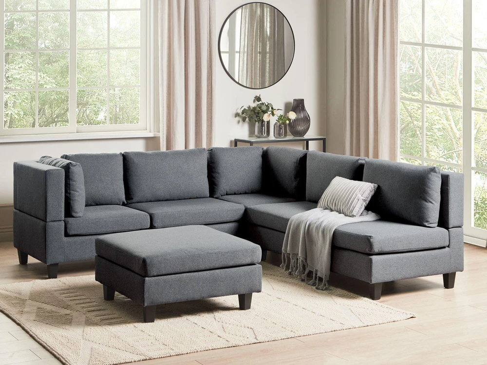 Beliani Penkių vietų modulinė sofa UNSTAD dešininė, tamsiai pilka su pufu