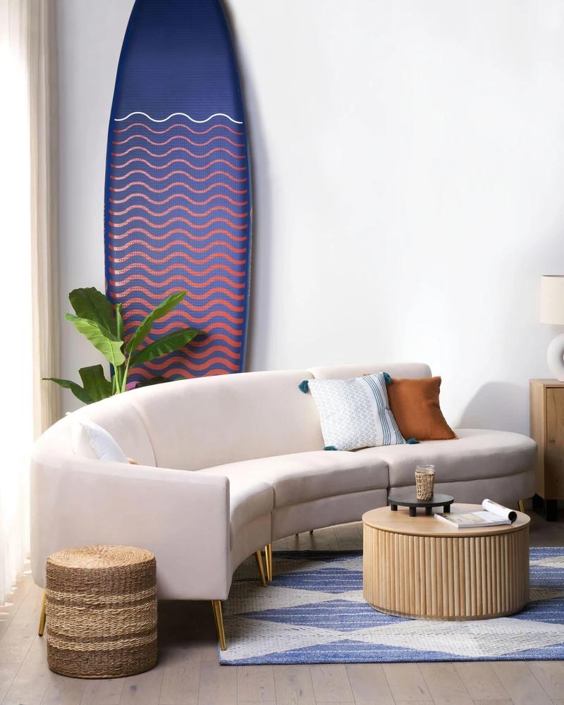 Beliani Pusapvalė sofa 4 asmenims MOSS veliūrinė šviesiai smėlio spalvos