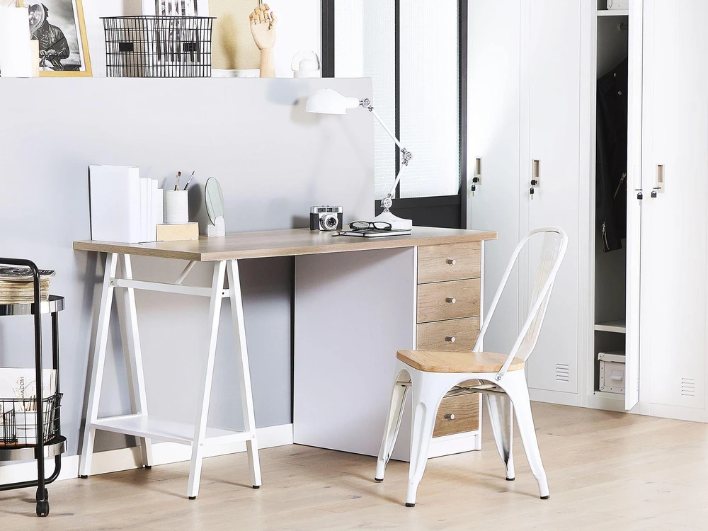 Beliani Rašomasis stalas HEBER rudas/baltas 140 cm 60 cm su stalčiais