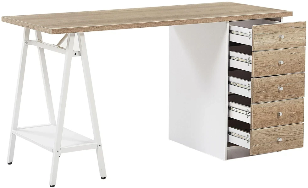 Beliani Rašomasis stalas HEBER rudas/baltas 140 cm 60 cm su stalčiais